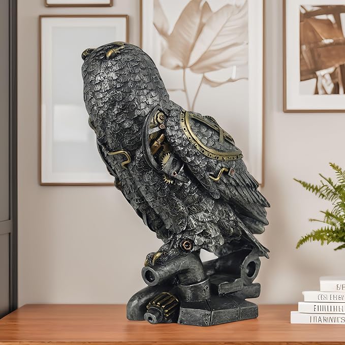 Steampunk Owl Statue 11.6'' H Metallic Silver and Gold Gothic Collectible Animal Figurine Wisdom Gift Owl Sculpture for Home Office Decoration Living Room Tabletop Mantel