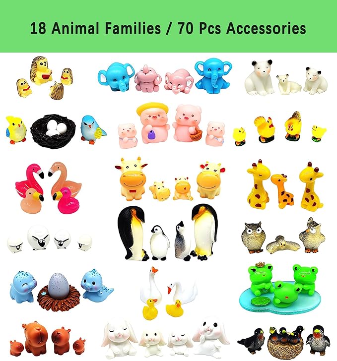 18 Mini Resin Animals Family Figures, 70 Pcs Tiny Plastic Animals Small Little Figurines to Hide Miniature Fairy Garden Accessories