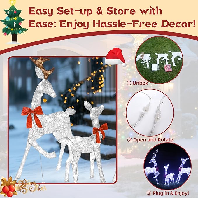 4.5Ft Lighted Reindeer Outdoor Christmas 2D Deer Family Sets Outdoor Reindeer Christmas Yard Decoration with LEDs/Stakes/Zip Ties for Holiday Patio Lawn Garden