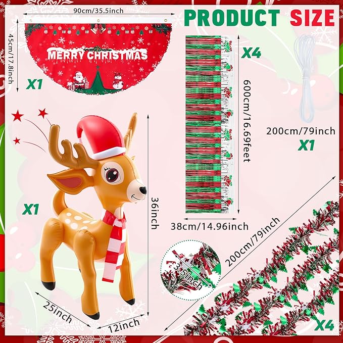 Hungdao 9 Pcs Christmas Golf Cart Parade Decorations Include 1 Pcs 4 Feet Inflatable Giant Reindeer with Bunting Flag Tinsel Garland for Christmas Car Yard Party Decoration