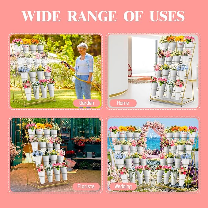 Flower Display Stand with Buckets, 4 Layers 16 PCS Buckets Plant Stand with Wheels, Movable Metal Plant Stand for Terrace Garden, Living Room, Florist Shop (Gold Frame - White Buckets, 4-Tier- 16 Buckets)