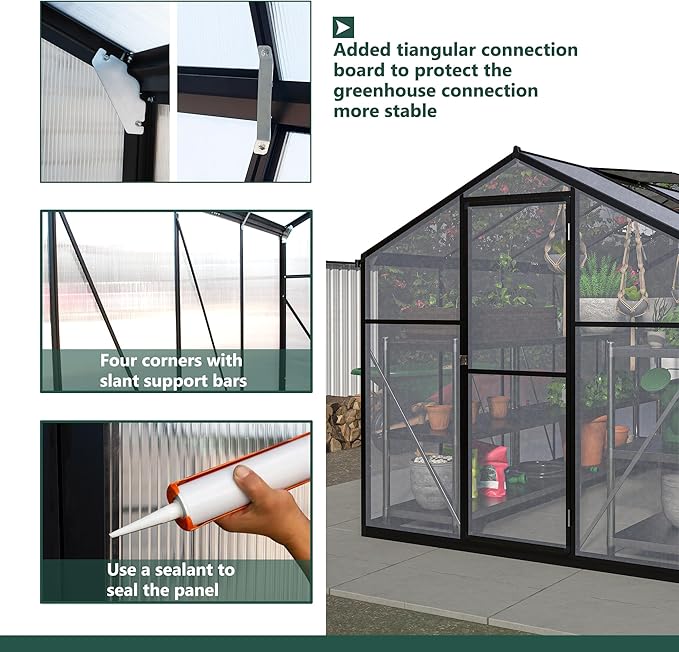 KEIKI 6 x 10 FT Greenhouse for Outdoors, Heavy Duty Polycarbonate Large Walk-in Greenhouse with Double Doors and Two Ventilation Windows for Outside Green House Garden Backyard