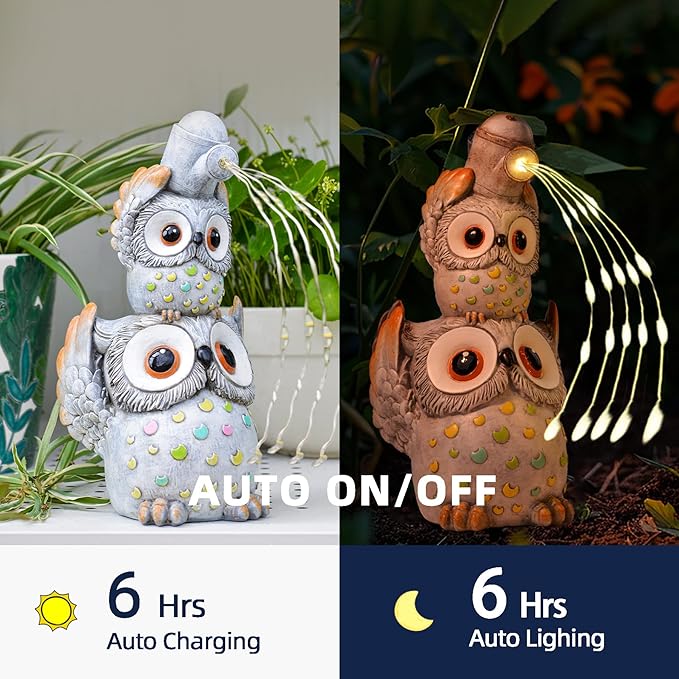 Solar Garden Statues Outdoor Decor, Watering Owl Statue Garden Decor, Resin Yard Decorations Outdoor for Patio, Porch, Balcony, Lawn Ornaments, House Warming Birthday Gifts for Mom Women Grandma