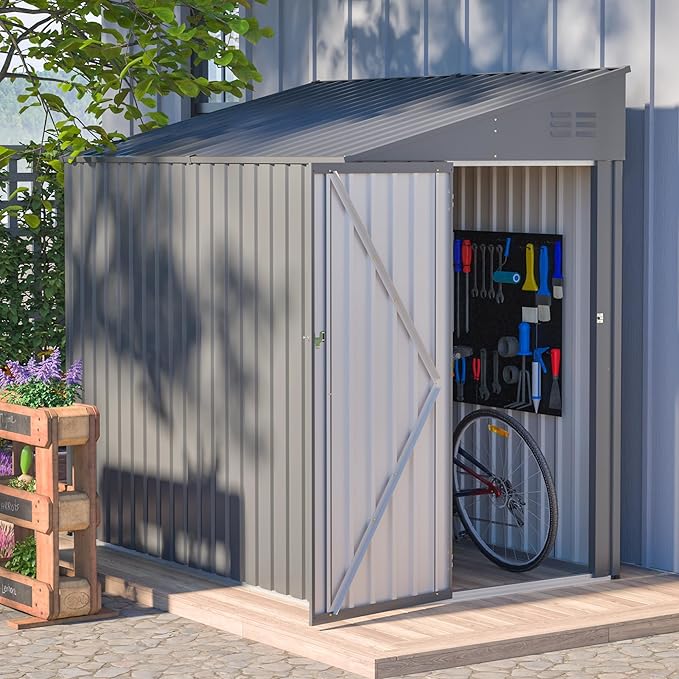 4x8 FT Outdoor Storage Shed,Lean to Lockable Metal Garden Shed Steel with Reinforced Beams,All Weather Waterproof Storage House W/Lockable Door,for Backyard,Patio,Lawn,Garden,Dark Gray