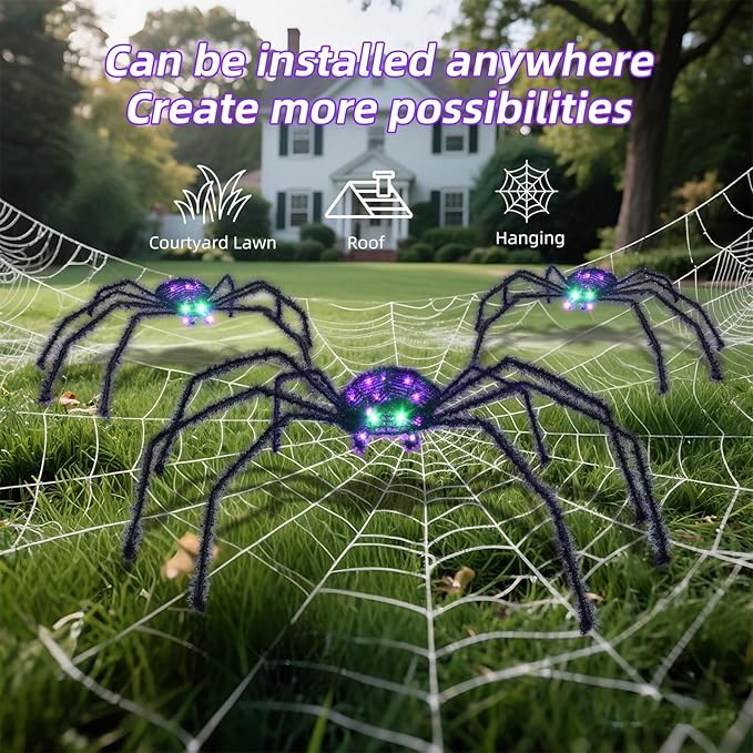 HOYECHI 3-Piece Lighted Halloween Spider - Holiday Decorations Outdoor Set of 3 Spider with 35 LED Lights for Front Yard Porch Gardens Party Outside Halloween Decor - Black