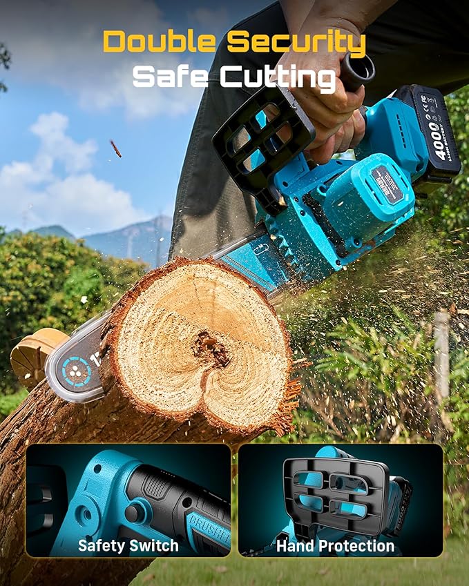 SEESII Chainsaw Cordless 12-inch, Handheld Chain Saw with 2 * 4.0Ah Batteries, Electric Saw with Tool-free Chain Tension, Auto Oiling for Wood Cutting Trimming Branch