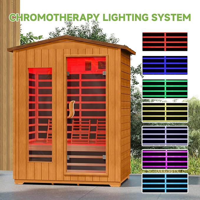 springspa Outdoor Infrared Sauna 3 Person for Home, 15amp Low EMF Far Infrared Spruce Wooden Sauna with Bluetooth,LCD Panel