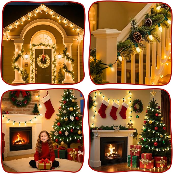 Minetom C9 Clear Christmas String Lights, 50FT 50 Bulbs Bright & Warm Outdoor Christmas Lights, Long Life C9 String Lights for Tree Patio Gazebo Wreath, Green Wire