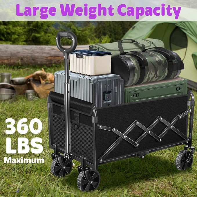Wagons Carts Foldable,360 LBS Large Capacity Foldable Wagon Cart Collapsible Wagon with Wheels & Drink Holders,Utility Folding Cart for Camping Garden Beach Picinic Grocery Outdoor Shopping(Black)