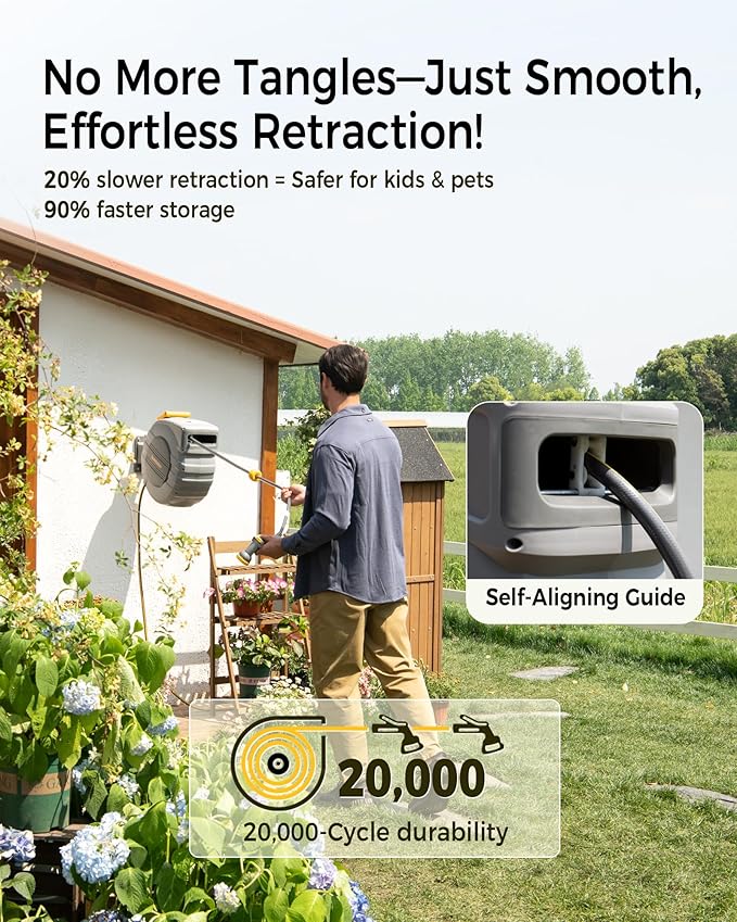 GLAHODEN Retractable Garden Hose Reel 5/8 in x 100 ft Metal Bracket, 2025 Upgraded Dual Ratchet Lock UV & Freeze Protection Brass Seal Slow Retraction Anti-Tangle Hose 180°Swivel