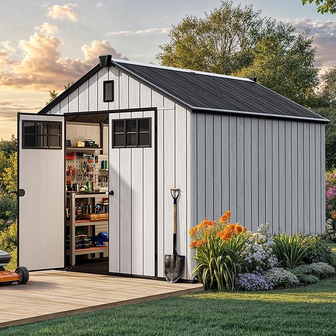 YITAHOME Outdoor Storage Shed 8x10 Ft, Plastic Storage Sheds with Floor, Lockable Doors, Windows, and Vents for Patio, Lawn, Backyard, Large Garden Storage for Bikes, Mowers, and Garden Tools, Gray