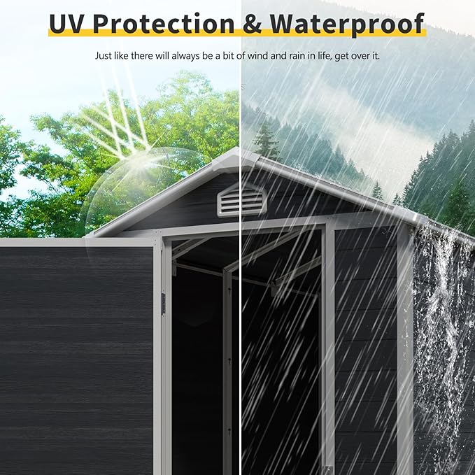 4x6 ft Outdoor Resin Storage Shed with Floor, Waterproof Plastic Garden Shed with Lockable Door and Windows, All-Weather Tool Sheds for Backyard, Patio, Lawn (Black)