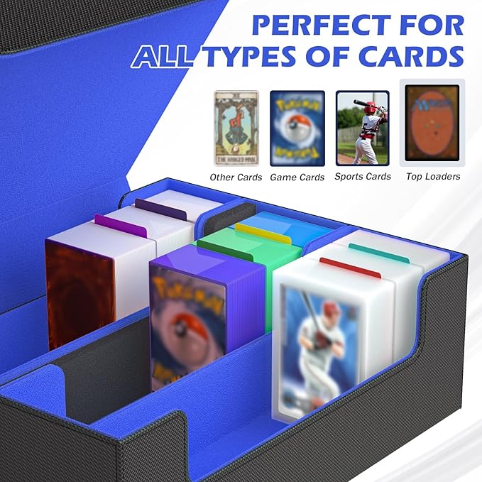 Card Storage Box 3000+ MTG Deck Box with Game Mat and 8 Divider Tabs, 3 Row Commander Trading Card Cases with Dice Tray, Commander Deck Case for TCG, CCG, YuGiOh and Sport Card (Black & Blue)