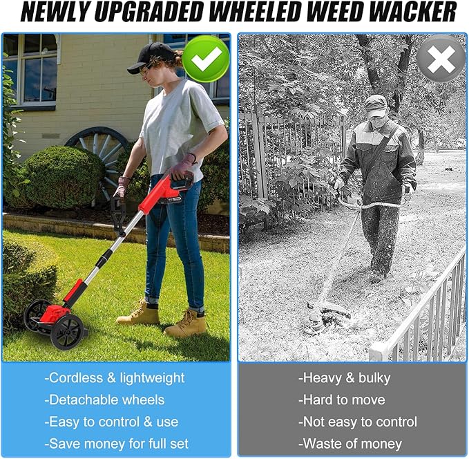 Electric Weed Wacker Cordless Eater Battery Powered String Trimmer, with 2Pcs 21V Battery 5 Types Blades Lightweight Grass Trimmer Edger Lawn Tool, Push Wheeled No-String Trimmer for Garden Yard