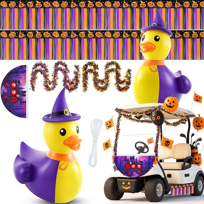 Hungdao 4ft Halloween Inflatable Witch Duck Halloween Golf Cart Decorations Kit PVC Blow Ups Witch Duck Tinsel Garlands Tinsel Streamers Fan Flag, Reusable Outdoor Decoration for Parade Yard