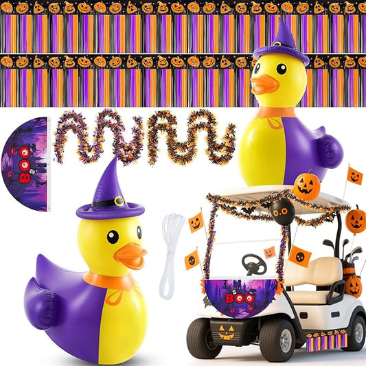 Hungdao 4ft Halloween Inflatable Witch Duck Halloween Golf Cart Decorations Kit PVC Blow Ups Witch Duck Tinsel Garlands Tinsel Streamers Fan Flag, Reusable Outdoor Decoration for Parade Yard