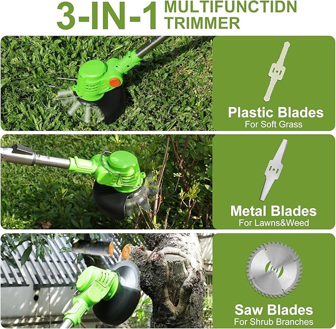 Electric Weed Wacker Cordless, 4-in-1 Cordless Weed Wacker, Battery Powered Weed Eater String, 21V Electric Weed Eater, for Lawn, Bush Trimming(with 2 x 4.0Ah Batteries and Fast Charger Included)