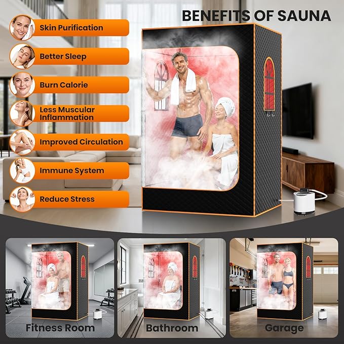 NAIZEA 2 Person Infrared Sauna Box, Portable Steam Sauna with Red Light Therapy Lamp,2 Person Full Body Saunas Tent for Home Spa with 3L 1200W Steamer,Remote Control, 2 Folding Chair,3.9'x2.9'x5.9'