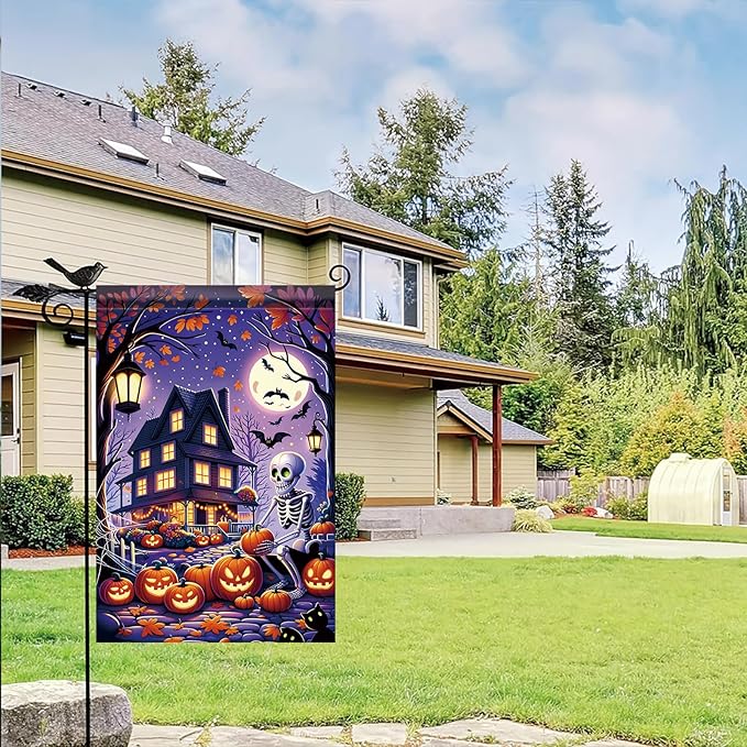 Halloween Garden Flag Skeleton Flag 12x18 Inch Haunted House Pumpkin Yard Banner Double Sided Outdoor Spooky Decor for Lawn Porch Patio Trick or Treat Holiday Seasonal House Decoration
