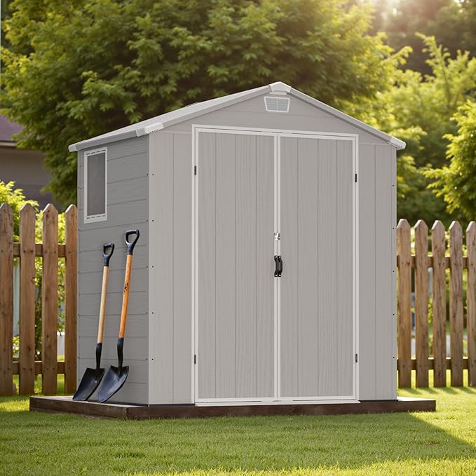 Greesum 6x4FT Plastic Outdoor Storage Shed with Floor, Resin Sheds with Lockable Double Door, Window & Vents, All-Weather Tool Sheds for Garden, Backyard, Patio, Light Gray