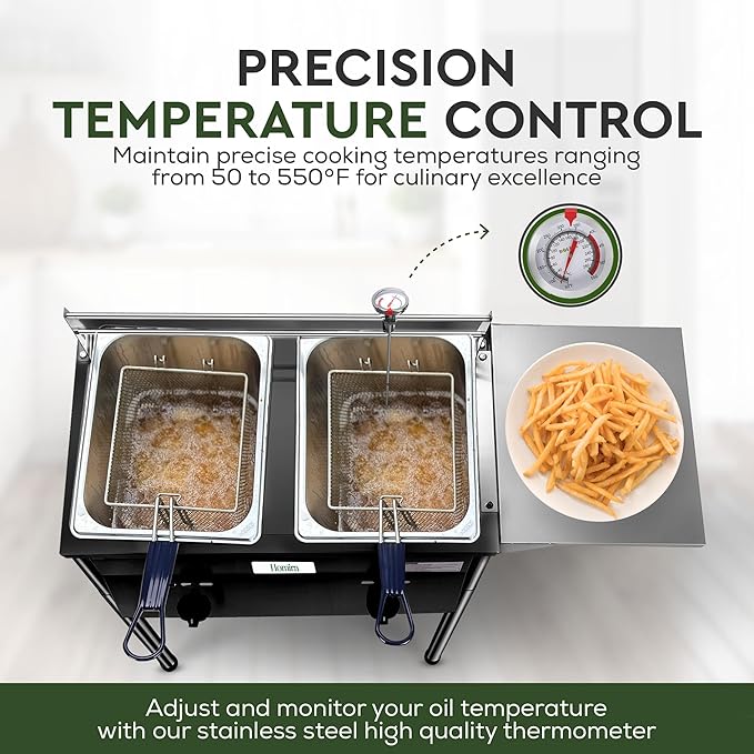 HOMIRA Iron Two-Tank Propane Deep Fryer with Thermometer, 2 Stainless Steel Baskets and Lids Fish Fryer with Adjustable Temperature Regulator, Outdoor Dual Fryer for Frying