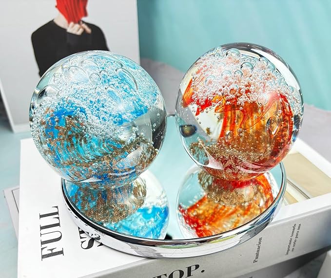 Decorative Crystal Ball Figurines Ocean Waves Paperweight Blown Glass Decor Sea Art Ocean Lovers Gift Red 3.15"