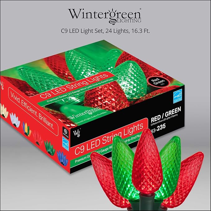 C9 Red and Green Christmas Lights Set of 24, 16.3 Ft, LED String Lights C9 Christmas Lights Red-Green Indoor-Outdoor LED Christmas Lights, IOS-4-24