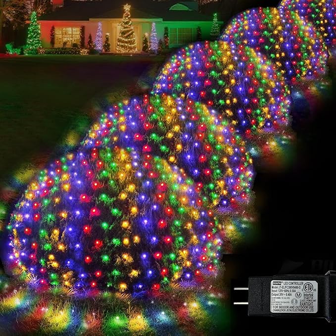 Christmas Net Lights, 610 LED Large Outdoor Net Mesh Lights 34.5X 5ft, 8 Modes Waterproof Twinkle String Lights Connectable for Bushes Halloween Yard Decor, Colorful