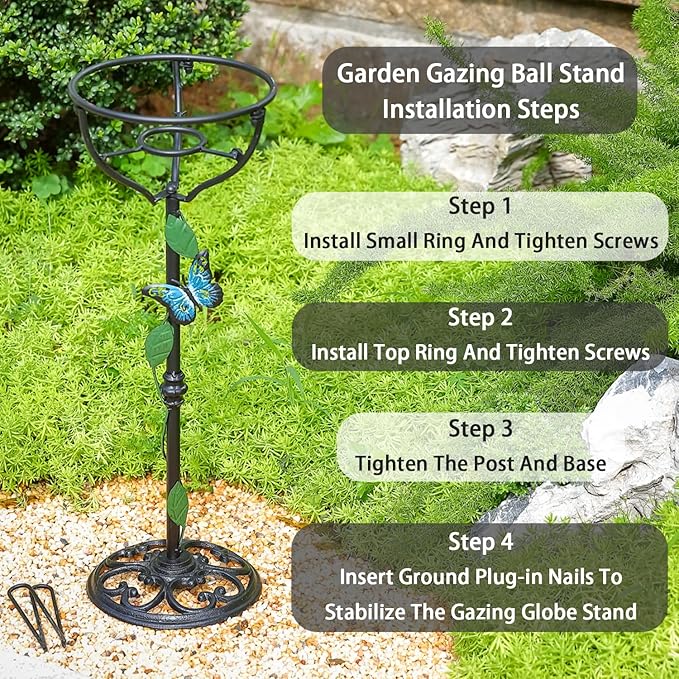 Cast Iron Gazing Globe Stand, 24.5" Gazing Ball Stand for 10-12 Inches Garden Gazing Globes, Metal Display Gazing Ball Holder for Indoor Outdoor, Easy Assembly, Black