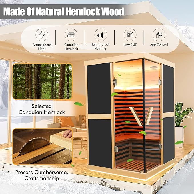 2 Person Infrared Sauna,Far Infrared Home Sauna Room,1980W Light Therapy Lamp Dry Sauna for Home,Canadian Hemlock Indoor Corner Sauna Spa with Bluetooth Speaker,for Unwell Men,Women,Elderly