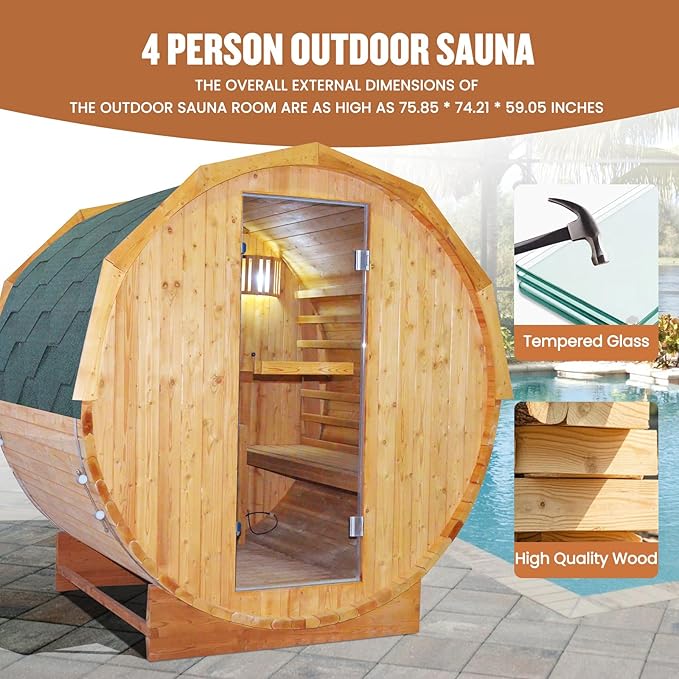 Outdoor Traditional Sauna 4-5 Person Wooden Saunas, 6’x6’Steam Wet Finnish Carbonized Spruce Wood Sauna 240V with 4.5KW Heater,Sauna Stone,Water Bucket,Ladle,LED Lights