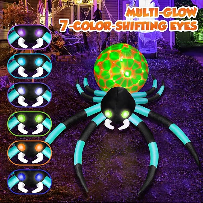 12Ft Giant Halloween Inflatables Spider Built-in 7-Color-Shifting Eyes & 3-Effect-Flashing Belly, Large Halloween Decorations Outdoor Huge Blow Up Yard Decorations Blowups for Holiday- 1PCS（Cyan）