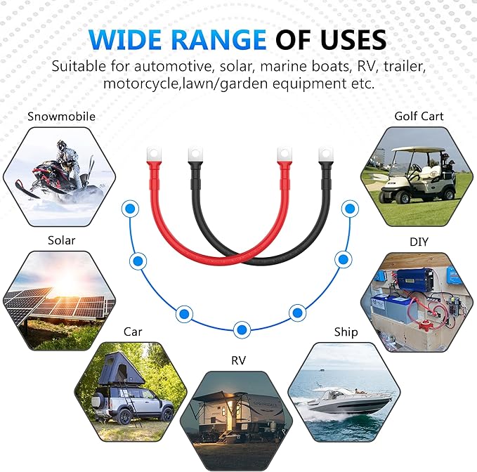 LEESKY 2 AWG Battery Cables 2 Gauge 1Feet Pure Copper Battery Inverter Cables 3/8 Inch Terminals for Golf Cart, Power Inverter, Solar, RV, Marine