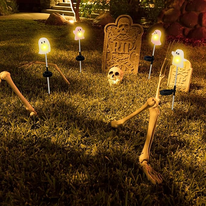 Retisee 4 Pack Halloween Ghost Solar Light with Stakes Outdoor Decorative Yard Signs with Waterproof Solar Lights Halloween Party Favors for Walkway, Pathway, Driveway, Yards, Garden, Lawn
