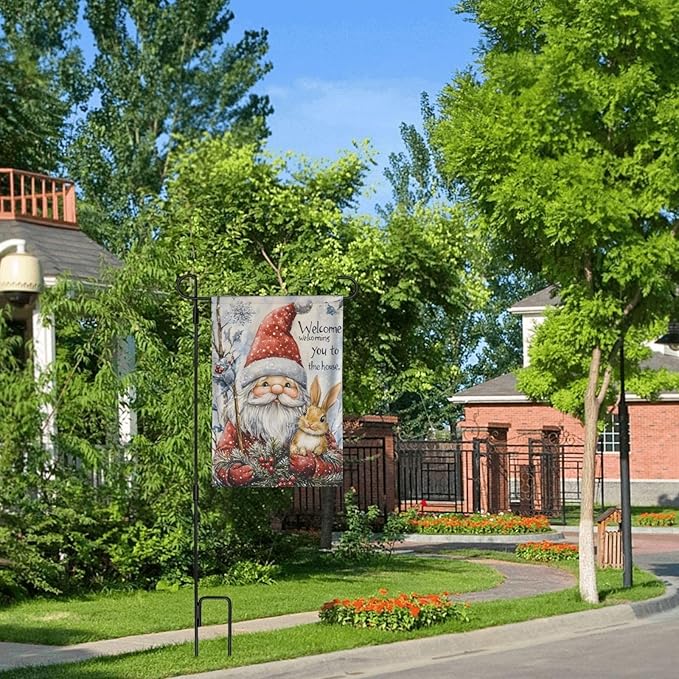 Christmas Gnome Rabbit Garden Flag Vertical Double Sided Outdoor Yard Flags 12.5x18 Inch Burlap Banners Vertical Double Sided for Outdoor Decor Lawn