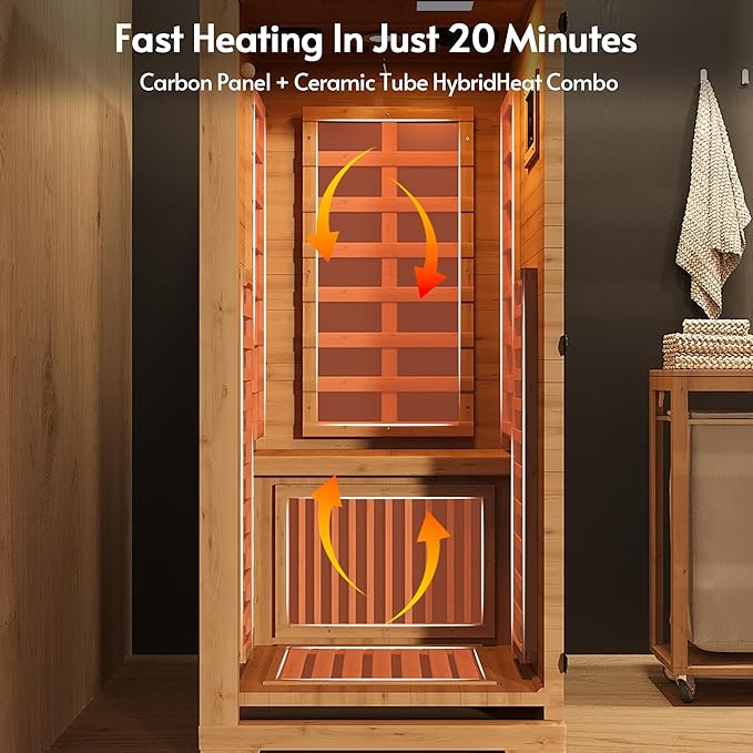 Infrared Sauna at Home 1 Person Mini with 7 Color Therapy, Low EMF 1240W Fast Heating Canadian Hemlock Wood Sauna, Indoor Dry Sauna with Bluetooth Speakers for Home, Gym (2.3Lx2.9Wx5.2H Ft)