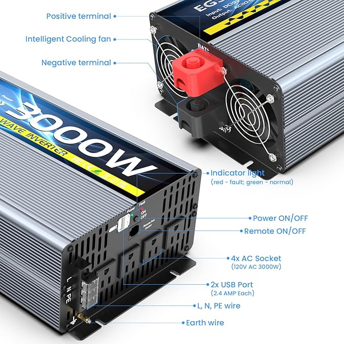 24V 3000W Pure Sine Wave Inverter 24V DC to 110V/120V AC Converter with 4AC Outlets, 5V/3.4A USB, Remote Control with on-Screen Display, Off-Grid Solar Power Inverter for Truck, Home, Vehicles, RV