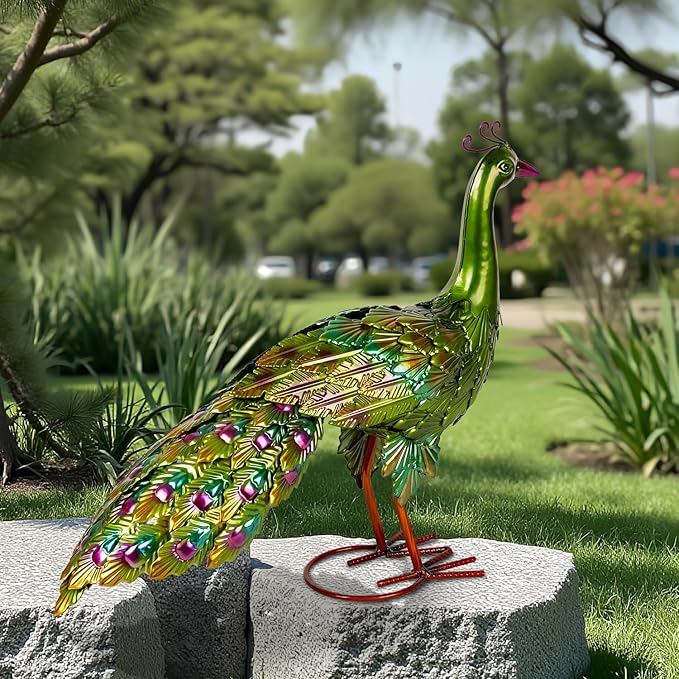 Peacock Yard Art Garden Decor Metal Peacock Outdoor Statue & Sculpture for Patio Lawn Backyard Outside Decorations Vibrant Multicolor, Green