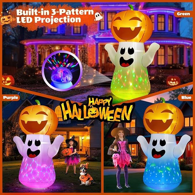 5FT Halloween Inflatables Pumpkin Ghost Built-in 3-Pattern Colorful Flashing Light, Cute Halloween Blow Up Yard Decorations for Indoor Outdoor Home/Holiday/Party/Yard/Lawn (1PCS)