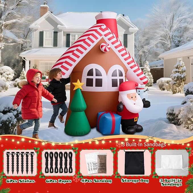 7 FT Christmas Inflatable Candy House with Santa Claus, Tree & Gift Box, Built-in LED Lights, Outdoor Blow Up Yard Decoration for Holiday Lawn Garden Party