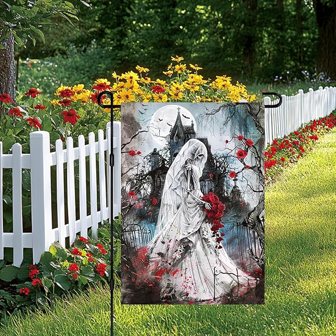 Halloween Horror Garden Flag 12x18 Inch Skeleton Bride Haunted Church Flag Outdoor Yard Decorations House Banner Porch Lawn Patio Home Decor