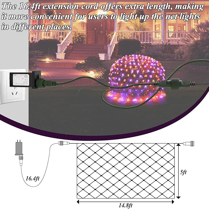 300LED Net Lights Halloween Decorations, 14.8ft x 5ft Outdoor Mesh Lights 8 Modes & Timer, Connectable Waterproof Christmas Light for Bushes Xmas Tree Party Garden Lawn, Purple Orange