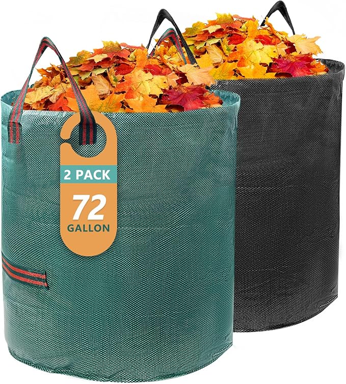 2 Pack 72 Gallon Lawn and Leaf Bags (Green + Black), Heavy Duty Reusable Yard Waste Bags with Reinforced Handles, Collapsible Garden Bags for Leaves, Branches, Grass Waste