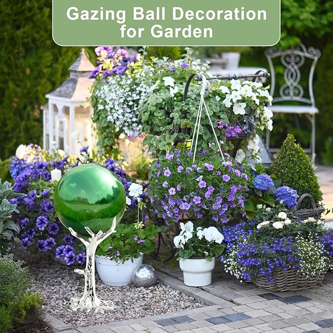 Nerien 10 Inch Gazing Ball, Stainless Steel Garden Mirror Globe, Polished Ornament Sphere, Hollow Floating Reflective Hemisphere, Home Outdoor Pond Housewarming Swimming Pool Decoration Gift, Green