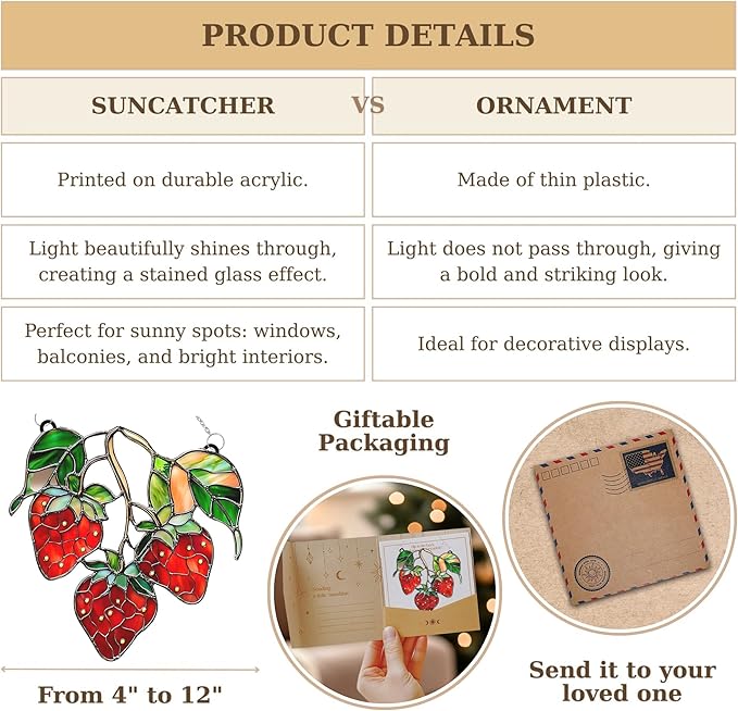Strawberries Branch Acrylic Suncatcher Stained Glass Effect Window Car Hanging Christmas Ornament Indoor Outdoor Decor Garden Sun Catcher Panel for Berry Lover for Women Mom Grandma