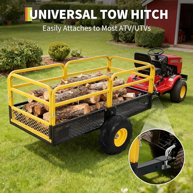 GarveeLife Lawn Mower Trailer ATV Dump Cart Tow Behind, 1600 Lb Utility Garden Cart, 22 Cu.Ft, Heavy Duty Steel Garden Utility Trailer with Removable Sides for Atvs, Utvs Lawn Garden Tractors