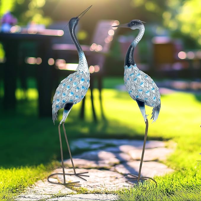 HONGLAND Garden Crane Statues Blue Heron Sculptures for Outdoor Metal Large Birds Lawn Ornaments for Yard Patio Porch Outside Decorations,Set of 2