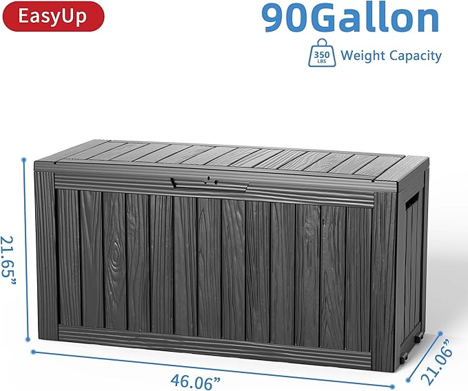 EasyUp 90 Gallon Outdoor Storage Box, Resin Waterproof UV-Resistant Deck Box, Reinforced Stability for Patio, Garden, and Poolside, Striped Black