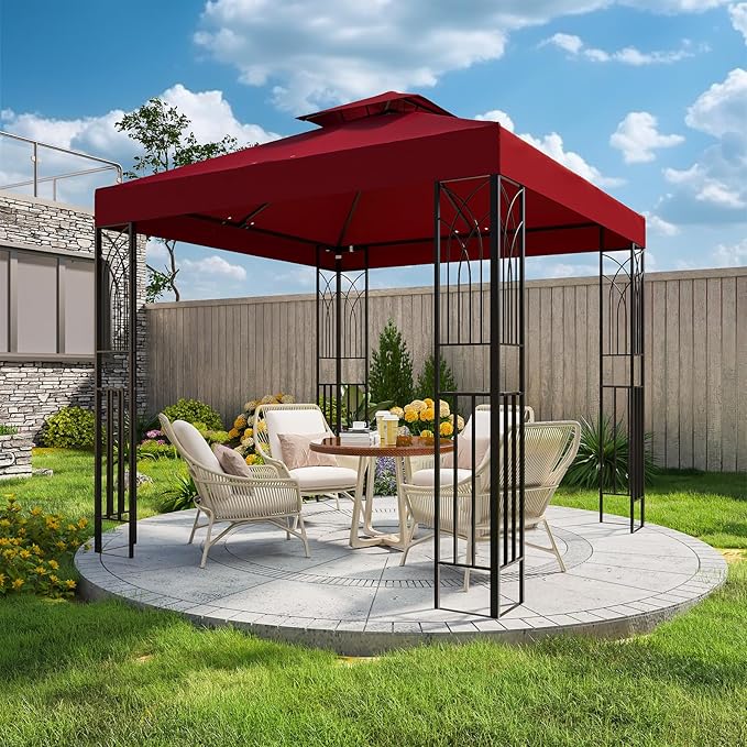 COOS BAY 8x8 Outdoor Patio Gazebo with Corner Shelves, Two-Tier Soft Top Canopy for Backyard, Lawn, Deck and Garden, Red
