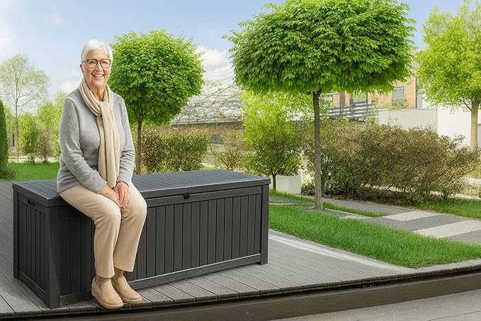 BTEXPERT 150 Gallon Outdoor Storage Container Deck Box with Metal Support Rods for Patio Furniture Garden Tools Waterproof Lockable UV Resistant Resin Set of 2